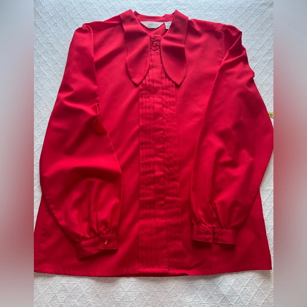 Alicia Red Tie Neck Bow Pleated Blouse Vintage Aesthetic Size 14 Tall - Picture 6 of 10